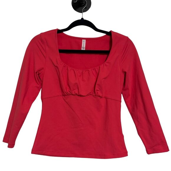ATHLETA Shanti Scoop Neck 3/4 Sleeve Peasant Top Knit Stretch Pink Red Small - Picture 2 of 10